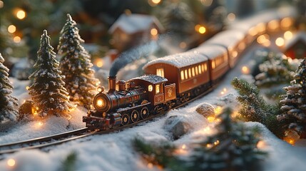 Fairy locomotive in holiday postcard style. Merry christmas and happy new year concept, with copy space