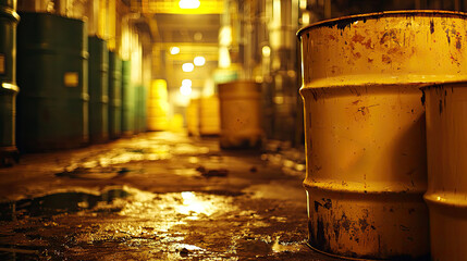 A dimly lit corridor lined with yellow barrels, reflecting a gritty industrial atmosphere with puddles on the floor.