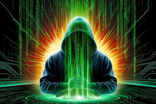 hooded hacker silhouette immersed in green digital code for tech security imagery