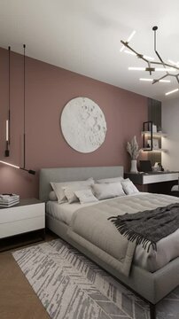 Bedroom in a minimalist, modern style with a small work area. 3D render.