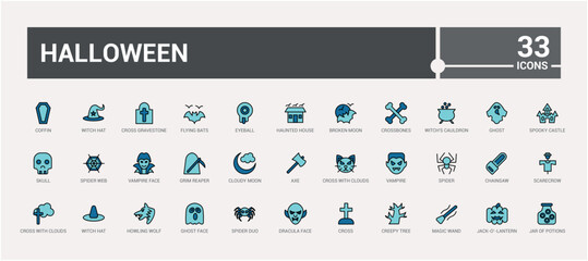 Set of Halloween colorful line icons. Contains related to halloween, bones, horror, mummy, dead, halloween party and more. Minimal linear icons.