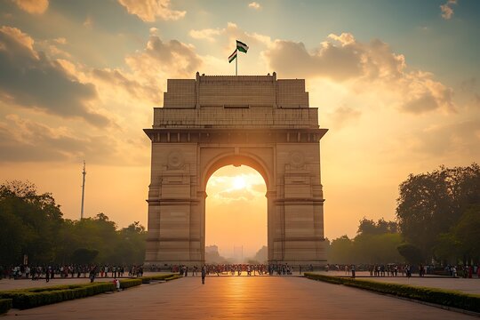 New Delhi, 31, July 2024 , India Gate is War Memorial Arch dedicated toall Indian soldiers who died in World War I located on Rajpath with Sunset in background,New Delhi, India, Asia

