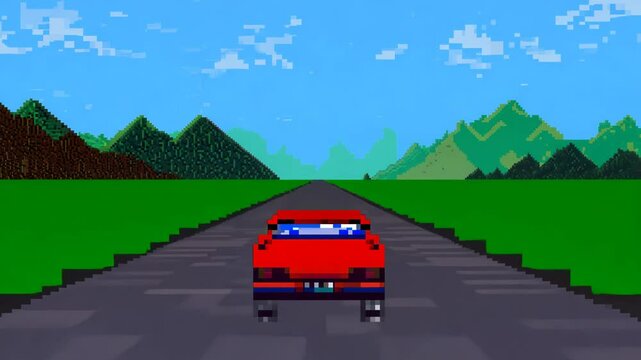Retro arcade styled pixel car driving to horizon with green grass and blue sky. 80s styled glitchy racing game