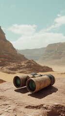 Two binoculars are on a rock in a desert