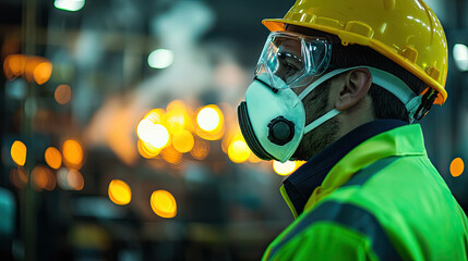 A worker in safety gear, including a helmet and mask, observes a vibrant industrial setting, ensuring safety in a hazardous environment.