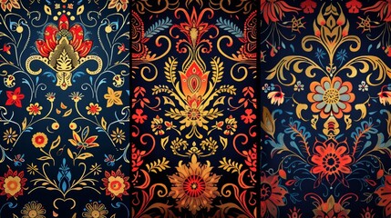 Exquisite floral designs featuring lush and detailed patterns in contrasting bright colors on dark backgrounds, creating a rich and elegant atmosphere.