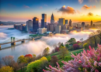 Obraz premium Pittsburgh Spring Foggy Cityscape AI Art