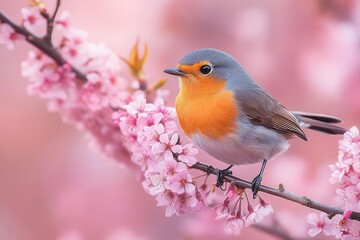 vivid illustration of two robins nestled in a cherry blossom tree capturing the essence of spring with bright colors symbolizing new beginnings and the joyous arrival of natures beauty