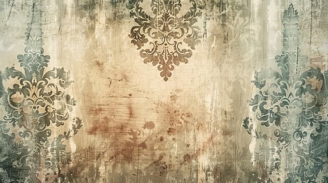 An aged wallpaper design featuring ornate and faded floral patterns, giving off a rustic and vintage vibe that evokes nostalgia and timeless elegance in interior decor.