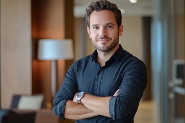 Obraz premium Confident young entrepreneur posing in a contemporary office arms crossed and smiling