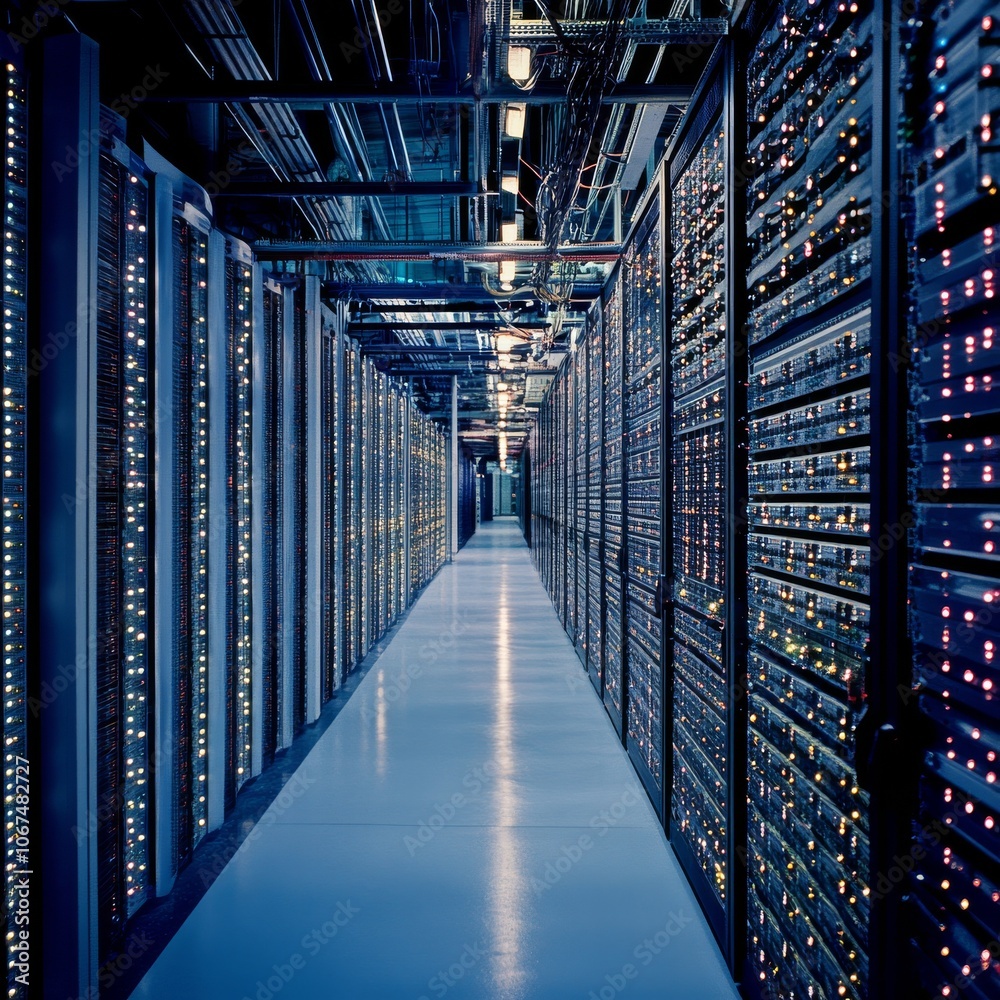 Aufkleber You can see how much data is stored in a computer's database. The picture shows a database and server room in the background.