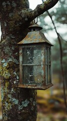 Lantern hanging from a tree branch with a broken glass window