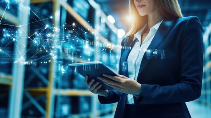 Woman entrepreneur in a warehouse, overseeing supply chain logistics, inventory tracking, and digital management with a tablet