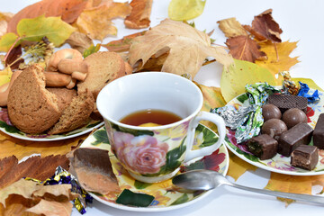 On the table with yellow leaves there is a cup of drunk tea, plates with the remains of sweets and cookies.
