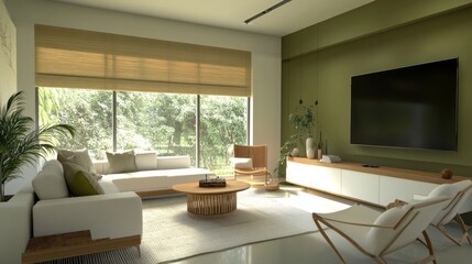 Fototapeta premium Modern living room interior with a white sofa, a white rug and a large TV