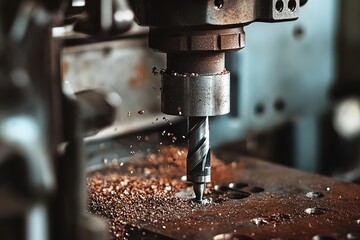Drill press in action with metal shavings and focus on bit