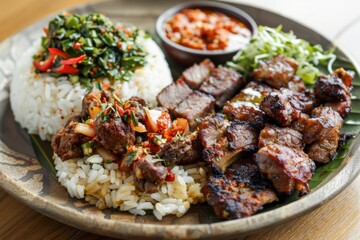 Fototapeta premium A beautifully presented plate of lamprais with rice, meat, and sambal, copy space for text