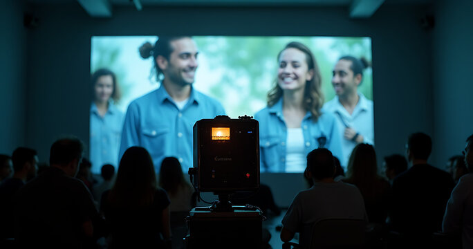 The device projects images from a film strip onto a screen for large groups of people to view collectively