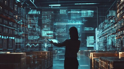 Fototapeta premium Woman overseeing warehouse operations, using technology for inventory tracking, perfect for showcasing business and logistics management
