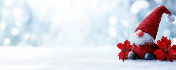 A festive gnome in a red hat surrounded by poinsettias, set against a soft, snowy background, capturing the essence of holiday cheer.