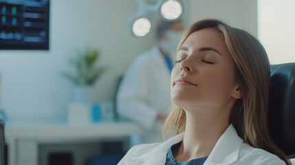Obraz premium Woman seated calmly in a medical office, eyes closed as doctors examine her face, capturing a focused and professional health assessment