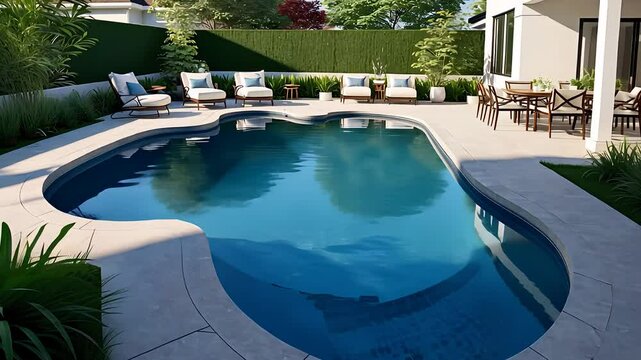 Luxurious Backyard Pool with Lounge Area and Greenery