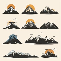 mountain silhouette icon vector set for logo -"Set of mountain silhouette icons in vector format, perfect for logo designs and creative branding."