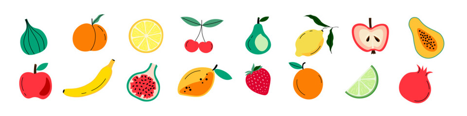 Set of fruits.  Flat hand drawn tropical fruits, berries: banana, apples, pears, peach, strawberries, lemon, papaya, cherries, figs. Vector illustration