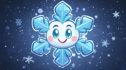 Fototapeta premium A cheerful snowflake character with big eyes and rosy cheeks floats against a snowy backdrop, emphasizing a whimsical and festive atmosphere.