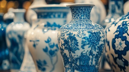 A collection of beautifully crafted blue and white porcelain vases with intricate patterns, showcasing timeless elegance and artistic heritage.