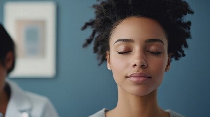 Woman with eyes closed in a doctor office, as medical professionals assess her facial features for an aesthetic consultation