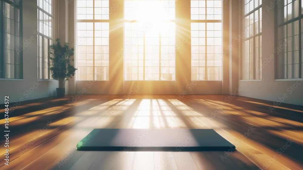 Poster empty yoga studio with hardwood floor and large windows bathed in sunlight creating a serene atmosph