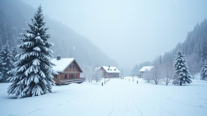 Snow-covered Winter Landscape With Charming Wooden Houses and Tall Pine Trees in a Serene Valley During a Snowfall