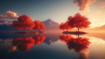Three red trees stand on a small island in a tranquil lake with a mountain in the background during a colorful sunrise.