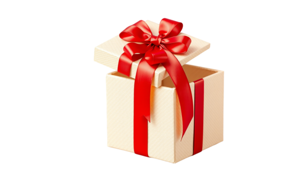 Brown Kraft Gift Box with Red Ribbon on Transparent PNG Background.  