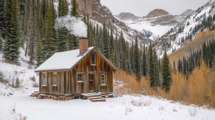 Fototapeta premium A rustic wooden cabin with smoke rising from the chimney, surrounded by snow-covered trees and mountains in the background.