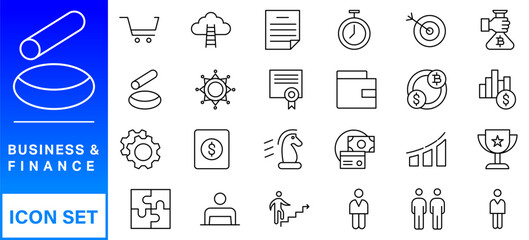 Business and Finance web icons in line style. Money, bank, contact, infographic. Icon collection. Vector illustration