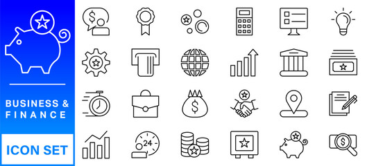 Business and Finance web icons in line style. Money, bank, contact, infographic. Icon collection. Vector illustration