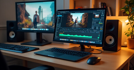 Reviewing a freelance desktop setup combining a laptop computer with a monitor for editing video content and filming vlogs efficiently together