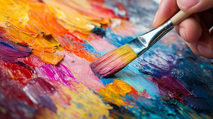 Obraz premium Close-up of a hand with a brush painting on a canvas with different colors
