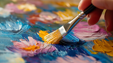 Fototapeta premium Close-up of a hand with a brush painting on a canvas with different colors