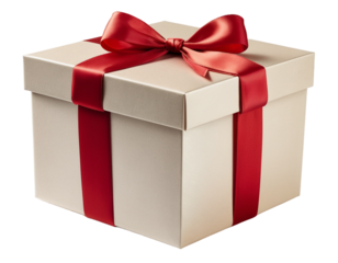 Brown Kraft Gift Box with Red Ribbon on Transparent PNG Background.  