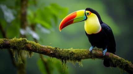 Naklejka premium Colorful toucan resting on a tree branch amidst the greenery of a cloud forest.