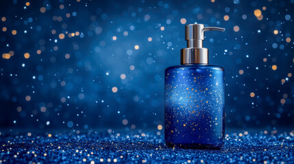 Elegant blue bottle surrounded by shimmering lights in a festive setting