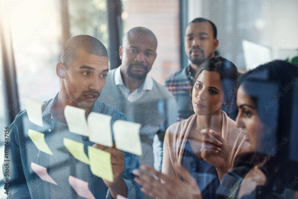 Poster conversation, glass and writing with business people in office for coaching, meeting or planning. di