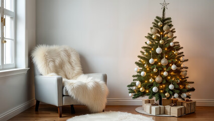 Modern Living Room with Cozy Chair and Christmas Tree
