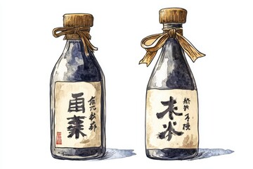 Image of a sake bottle labeled with the word Sake made from rice a traditional Japanese drink