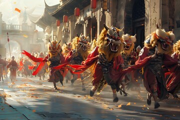 Fototapeta premium Vibrant Dragon Dance Parade in a Bustling Street Festival