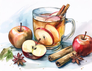 A warm mug of apple cider with cinnamon sticks and apple slices, accompanied by fresh apples, star anise, and cinnamon sticks