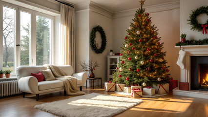 Spacious Living Room with Christmas Tree and Fireplace